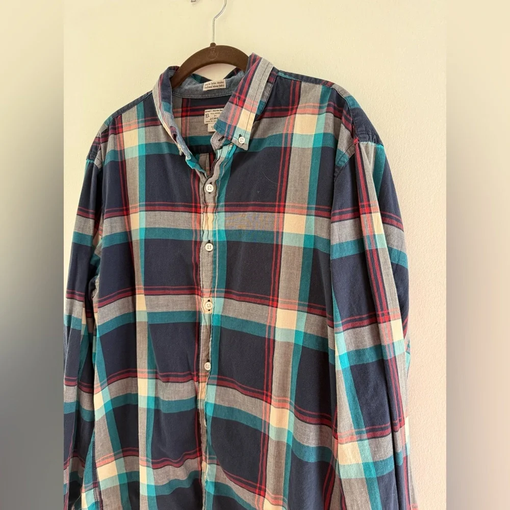 J. Crew Men's Casual Plaid Shirt - Navy, Red, and Teal XL